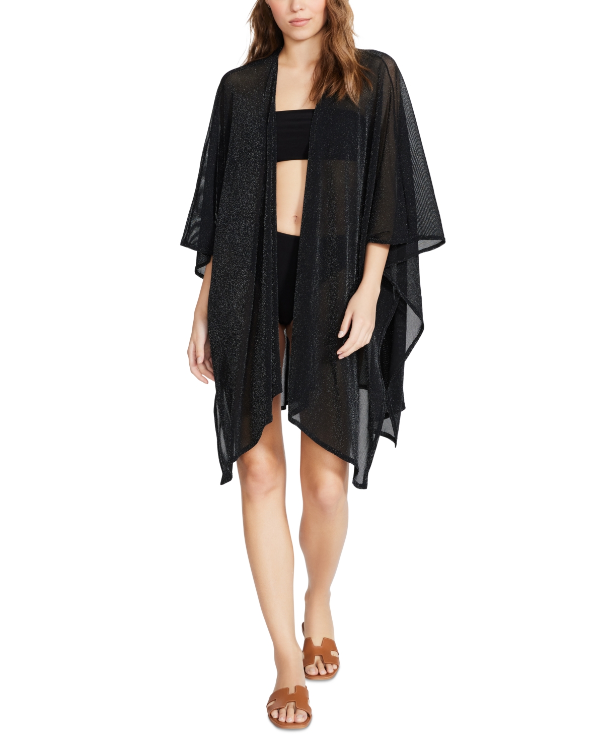 Shop Steve Madden Women's Open Metallic Shimmer Kimono Cover Up In Black