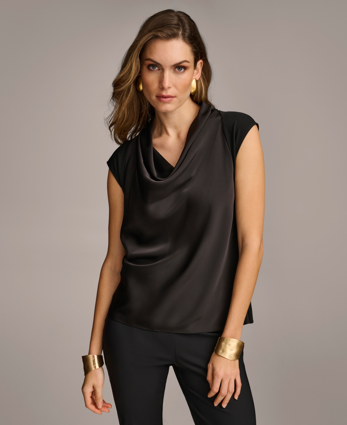 Shop Donna Karan Women's Cowl-neck Cap-sleeve Top In Black