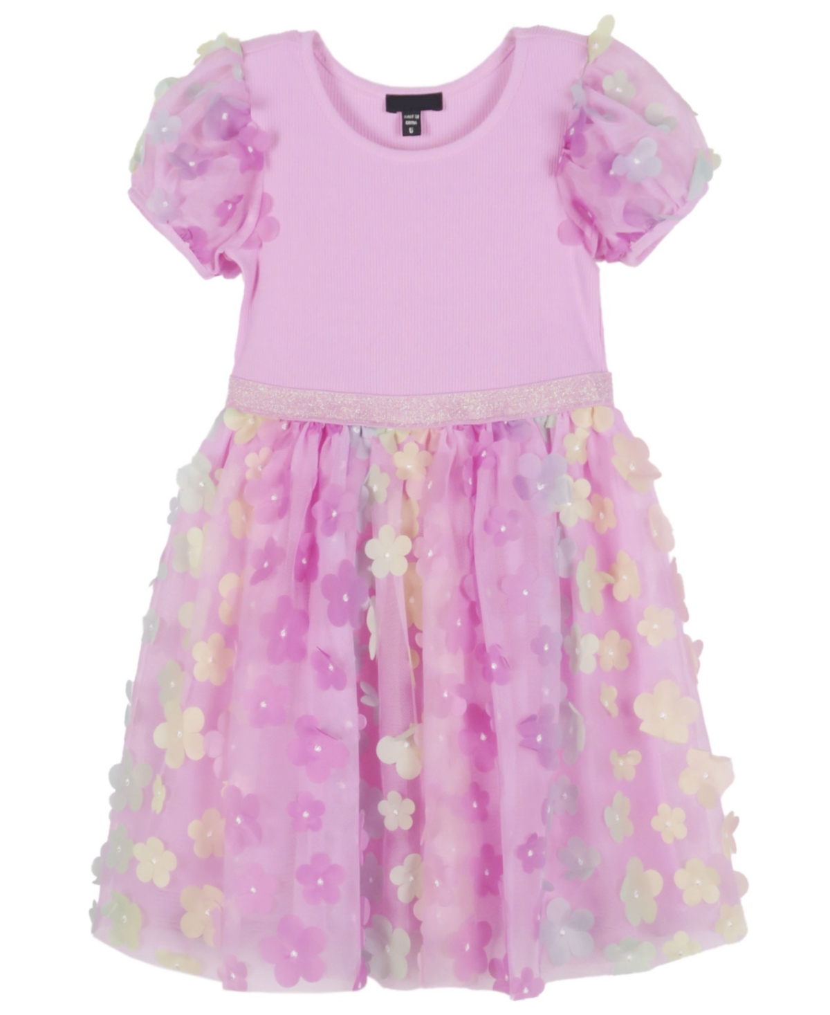 Pink & Violet Kids' Little Girls Solid Rib Bodice With 3d Flower Skirt And Puff Sleeves Dress In Pink,multi