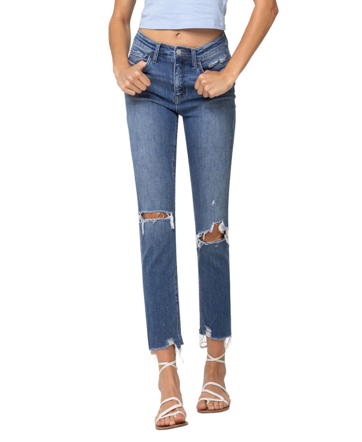 Women's High Rise Distressed Hem Slim Straight Jeans - Holly blue