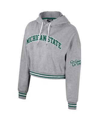 Women's Heather Gray Distressed Michigan State Spartans Cropped Shimmer Pullover Hoodie