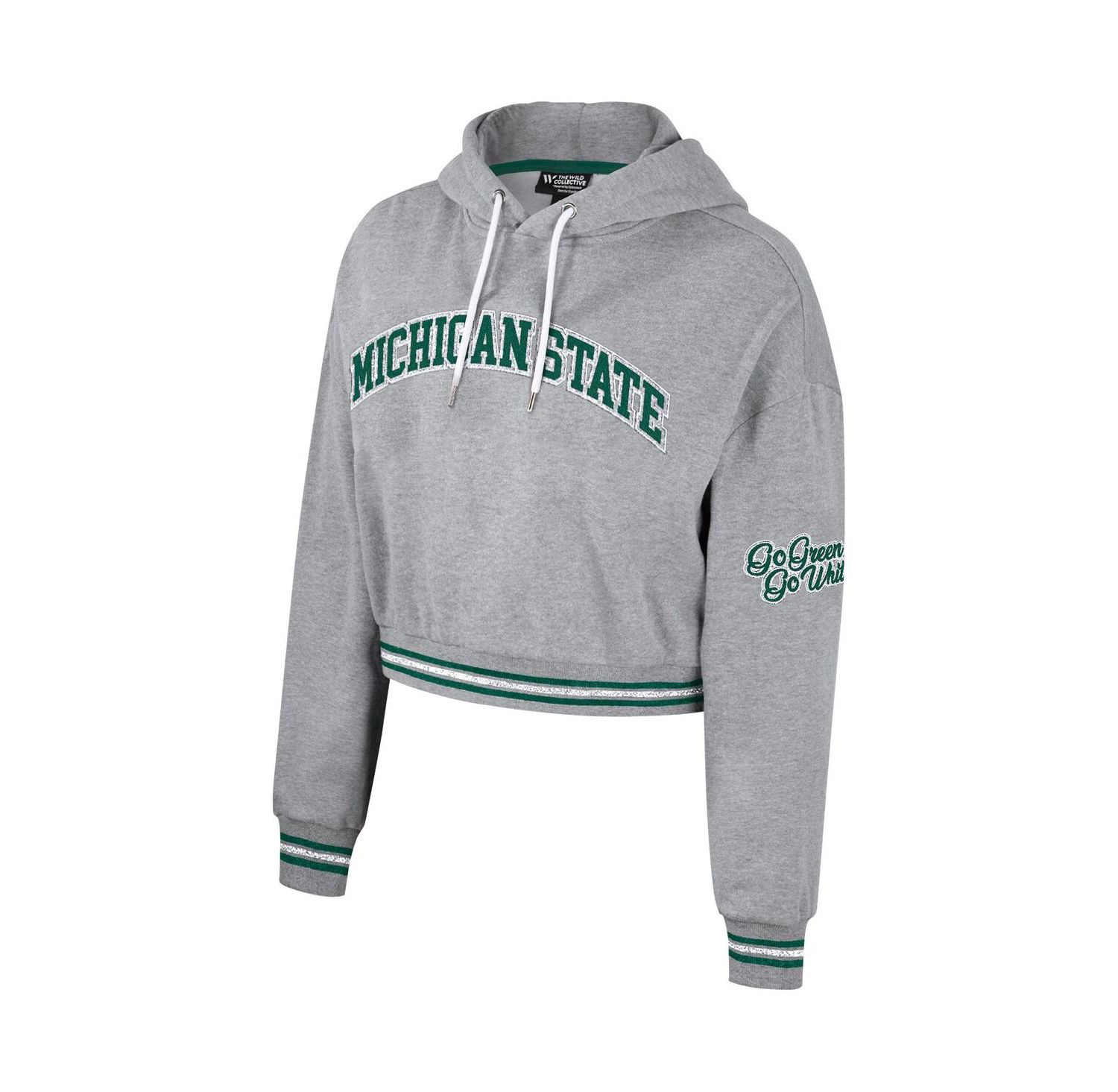Women's Heather Gray Distressed Michigan State Spartans Cropped Shimmer Pullover Hoodie