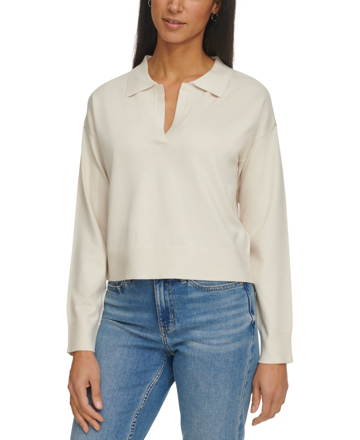 Shop Calvin Klein Jeans Est.1978 Petite Long-sleeve Polo Shirt In Birch