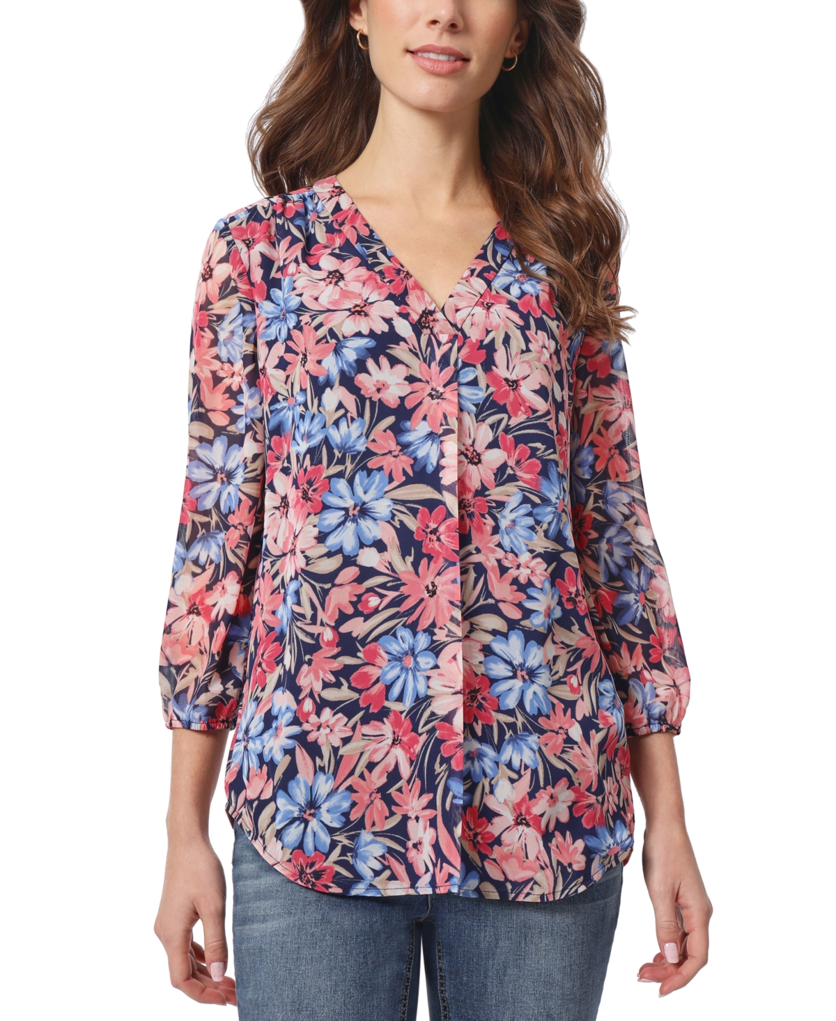Petite Floral-Print 3/4-Sleeve Pleated Tunic Top - Fresh Guava