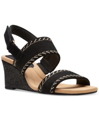 Clarks black leather wedge sandals online