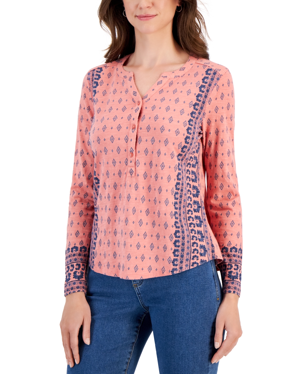 Shop Style & Co Women's Printed Henley Knit Shirt, Created For Macy's In Desert Coral