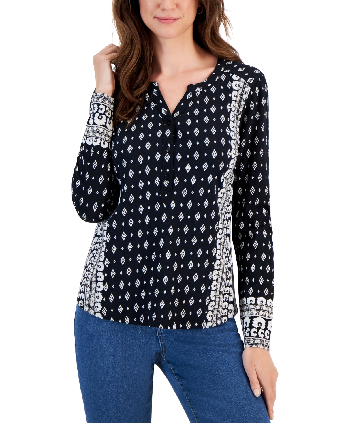 Shop Style & Co Women's Printed Henley Knit Shirt, Created For Macy's In Desert Black