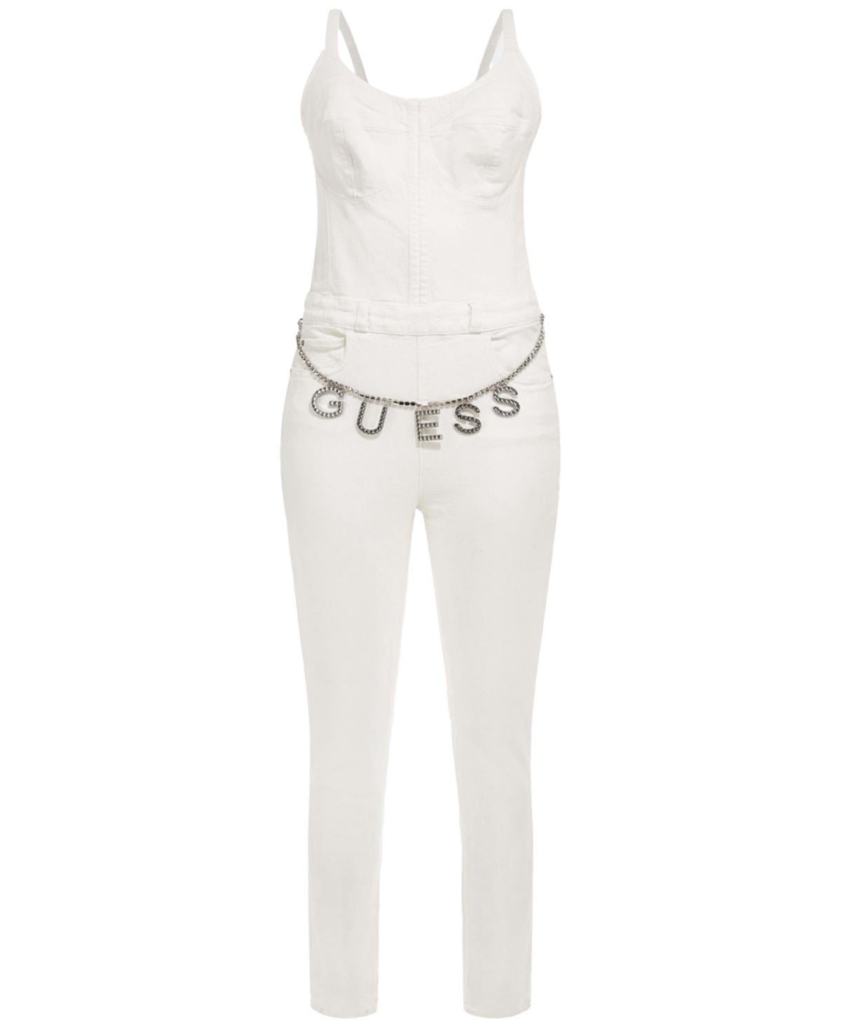 Shop Guess Women's Vanna Belted Sleeveless Denim Jumpsuit In Pure White