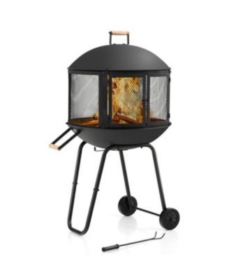 28 Inch Portable Fire Pit on Wheels with Log Grate-Black