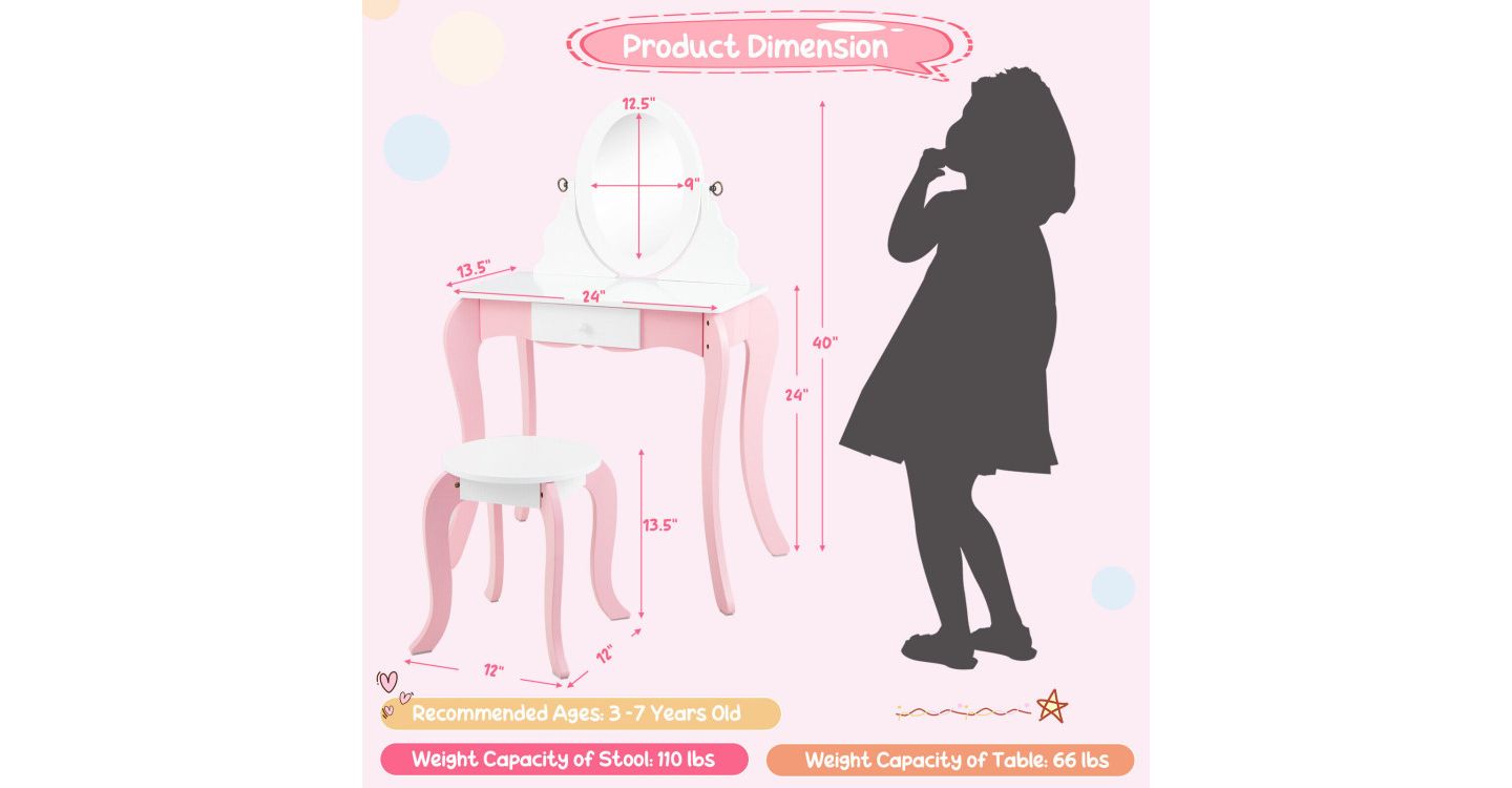 Детские игрушки Slickblue Kids Pretend Vanity Set with 360degree(s) Rotating Mirror and Play Accessories-Pink, цвет: Розовый / Белый — фото 2