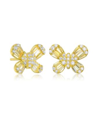 Teens/Young Adults Sterling Silver with Baguette and Clear Round Cubic Zirconia Butterfly Stud Earrings