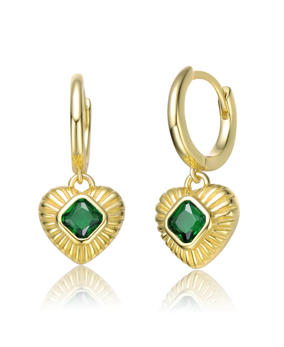 Teens Sterling Silver 14k Gold Plated with Emerald Cubic Zirconias Dangle Heart Huggie Hoop Earrings - Gold