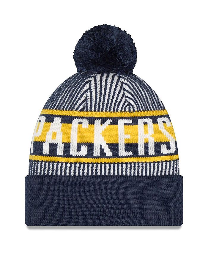 New Era Men's Navy Green Bay Packers Striped Cuffed Knit Hat with Pom ...