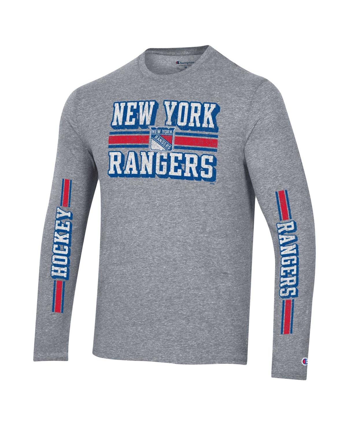 Men's ChampionDistressed New York Rangers Tri-Blend Dual-Stripe Long Sleeve T-shirt - Heather Gray