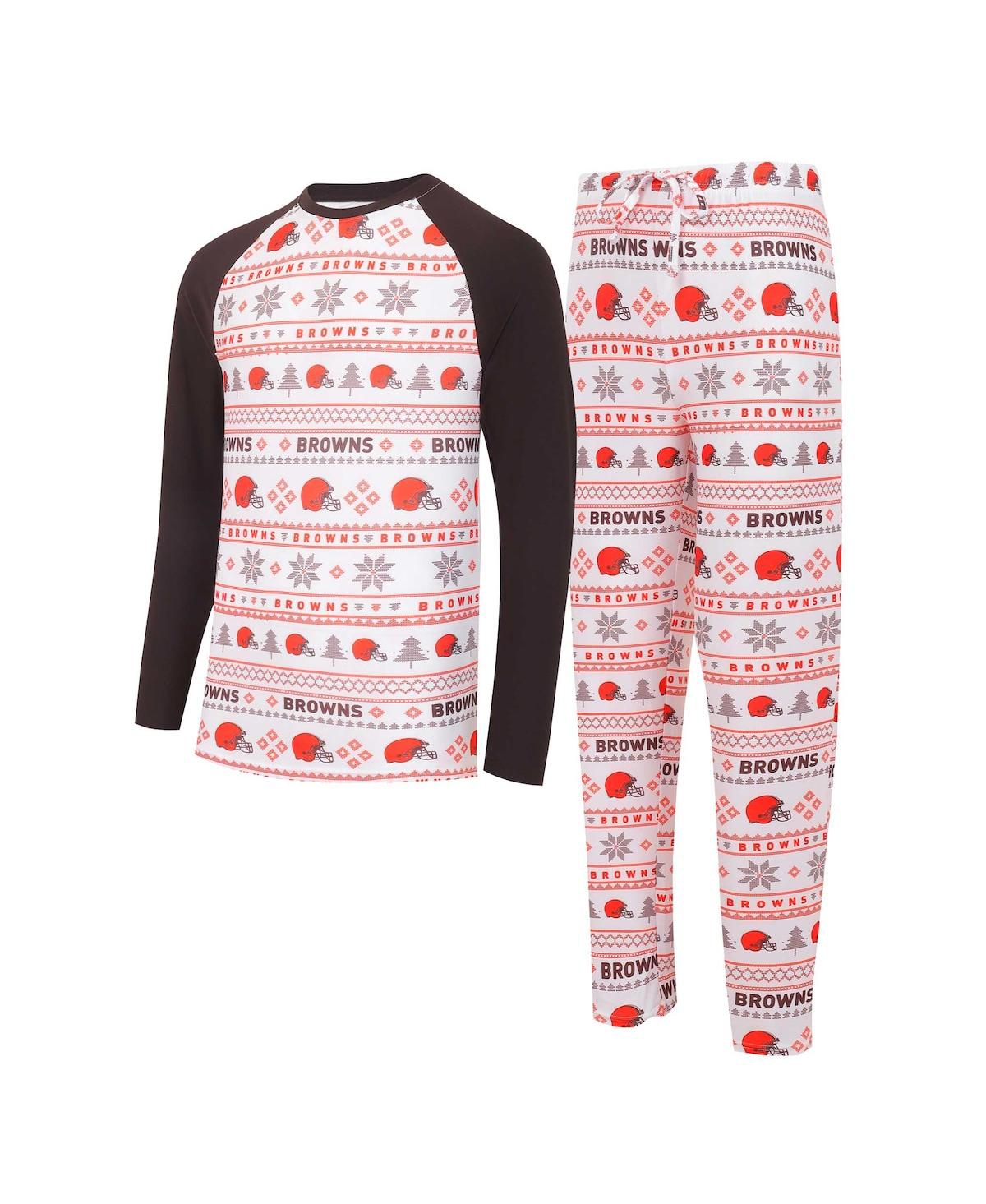 Men's Concepts Sport White, Brown Cleveland Browns TinselÂ Raglan Long Sleeve T-shirt and Pants Sleep Set - White, Brown