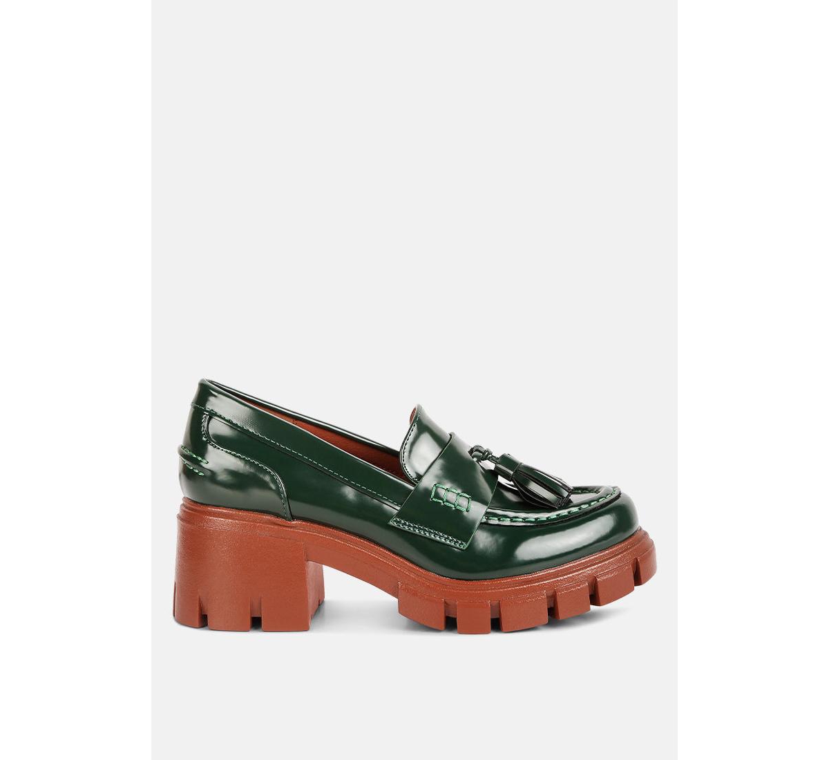 Shop London Rag Women's Jonah Tassels Detail Chunky Loafers In Dark Green