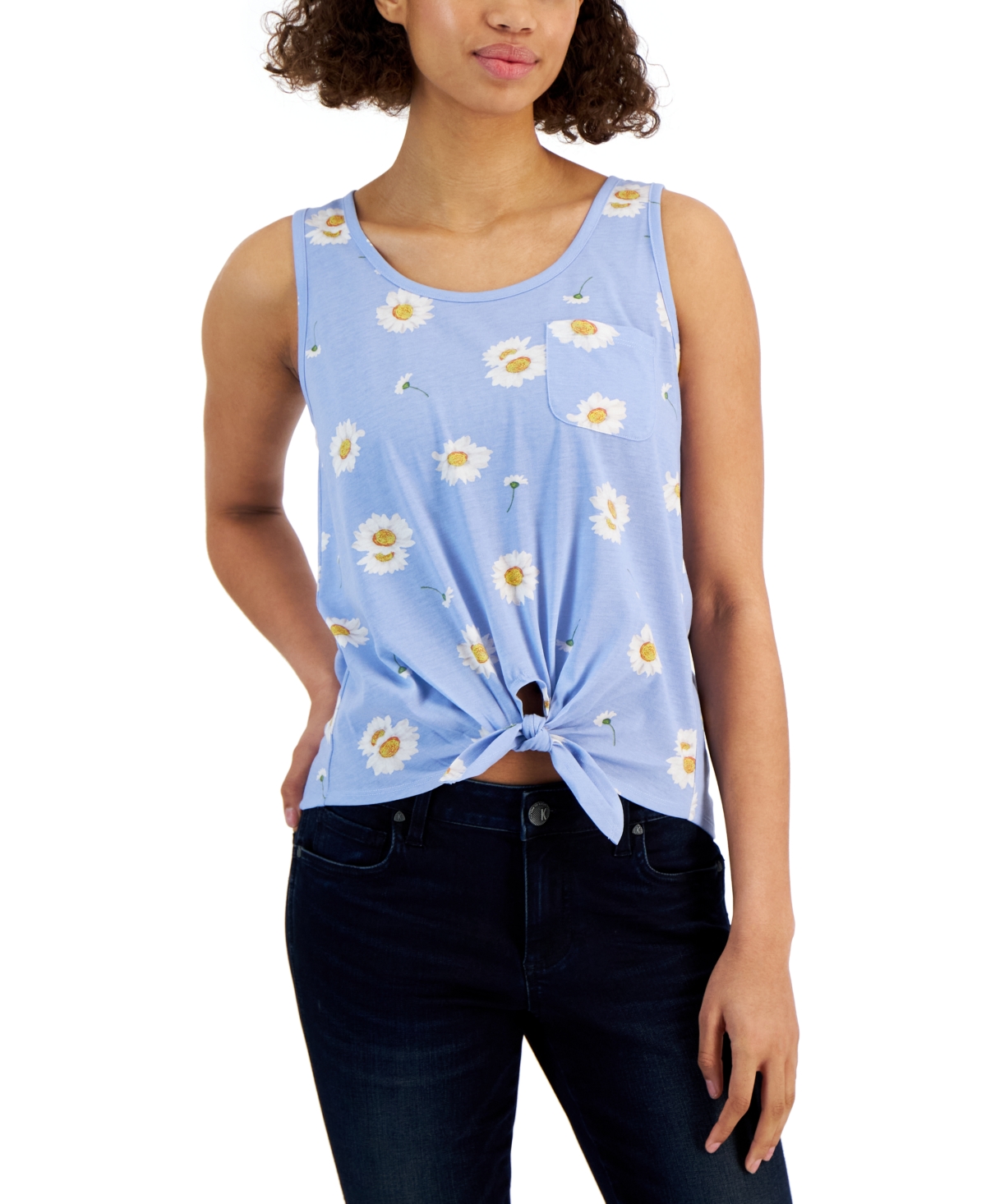 Juniors' Daisies Tie-Front Tank Top - Chambray Blue