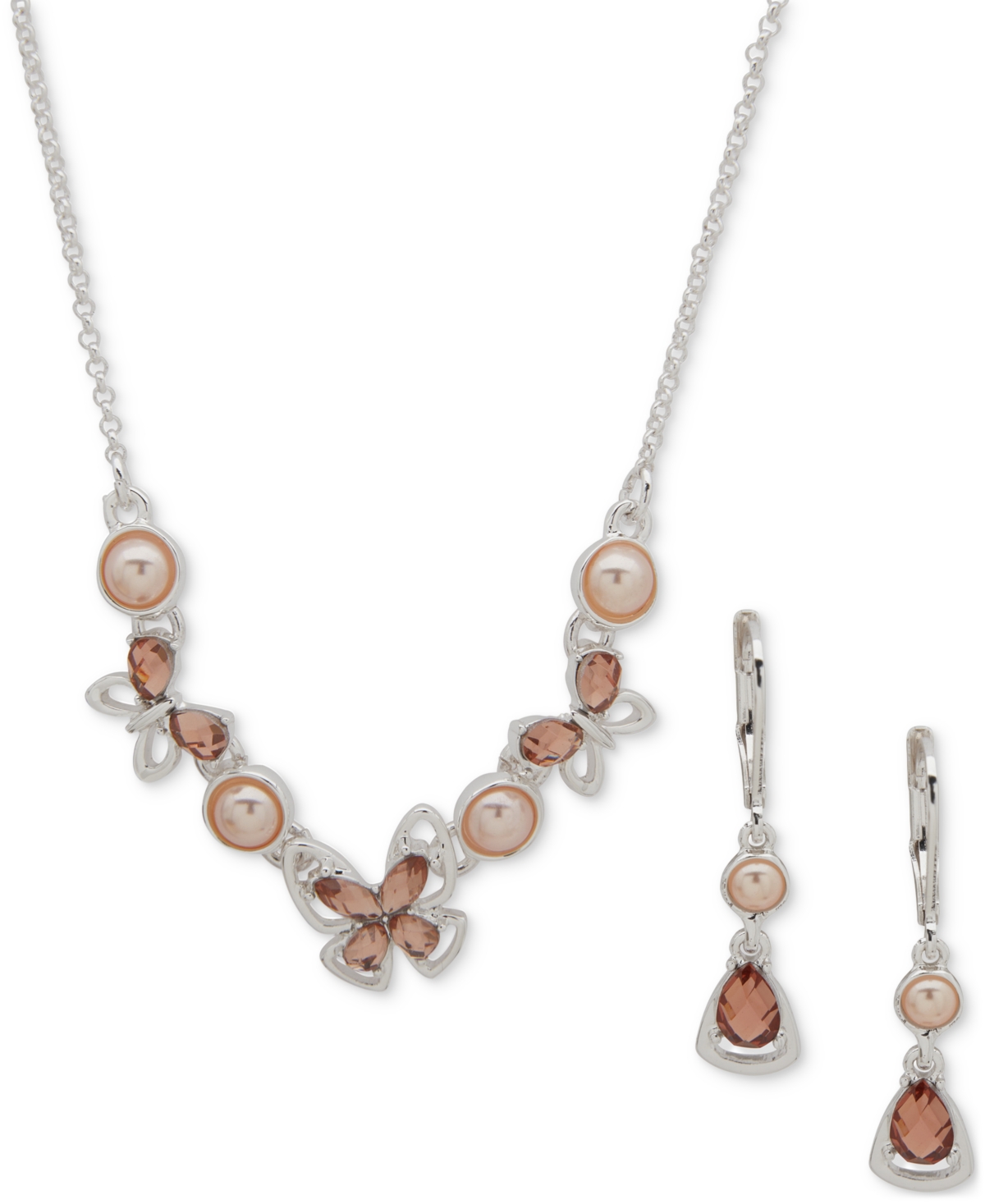 Shop Anne Klein Gold-tone Imitation-pearl Crystal Butterfly Necklace & Drop Earrings Set In Pink