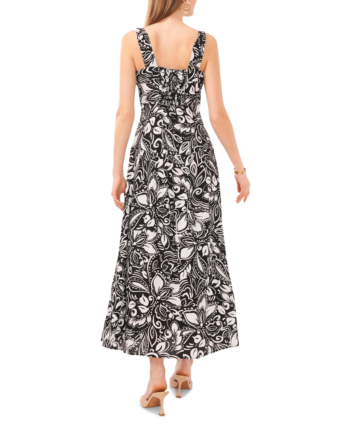 Shop Vince Camuto Women's Printed Smocked Back Tiered Sleeveless Maxi Dress In Rich Black