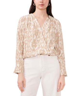 Vince Camuto - Women's Printed V-Neck Pleated-Shoulder Long-Sleeve Top