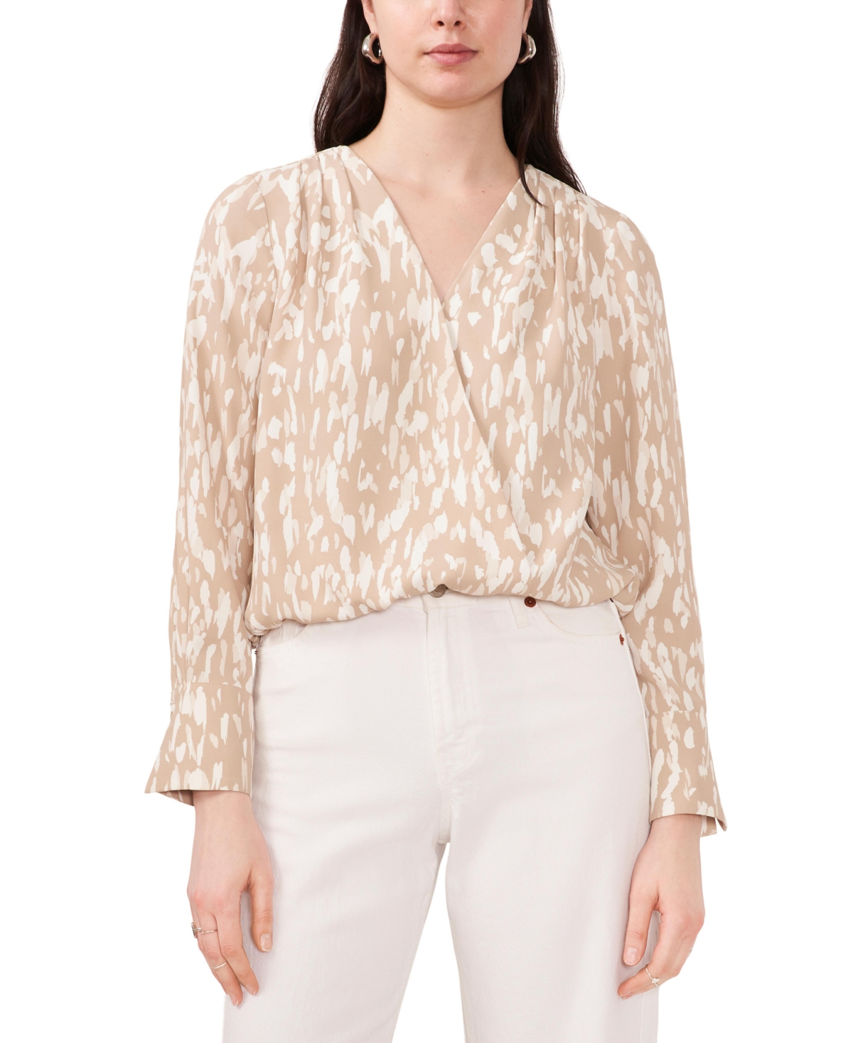 Shop Vince Camuto Women's Printed V-neck Pleated Shoulder Long Sleeve Top In Soft Cream