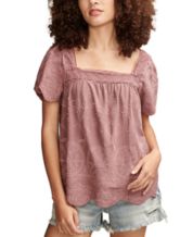 Lucky Brand LUCKY BRAND Womens Beige Smocked Short Length Scoop Back Floral  Short Sleeve Square Neck Top S