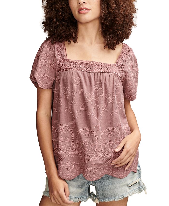 Lucky Brand Women's Embroidered Flutter-Sleeve Top - Macy's