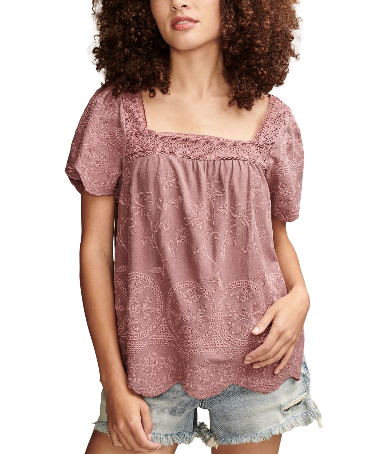 Shop Lucky Brand Women's Embroidered Flutter-sleeve Top In Rose Brown