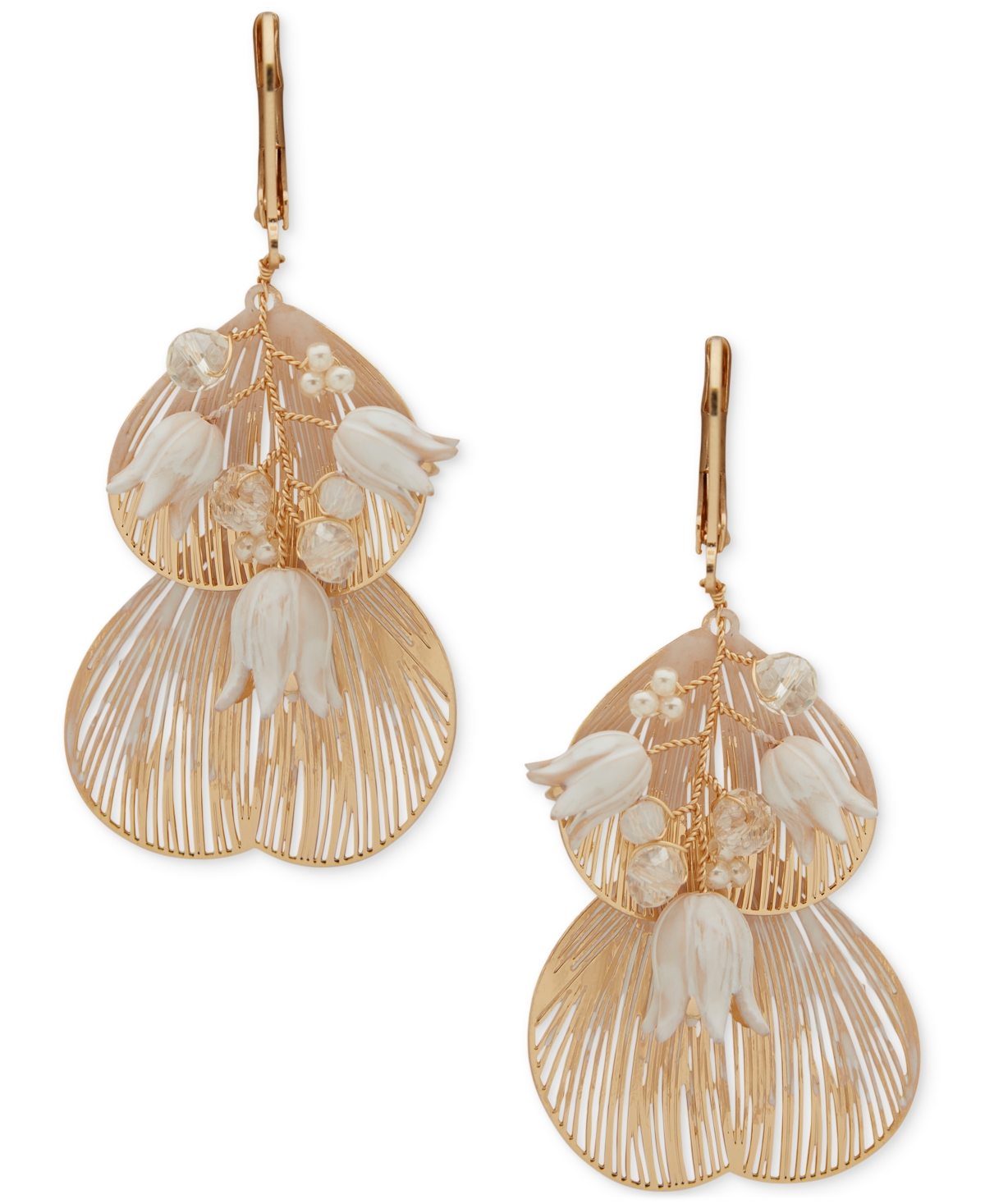 Gold-Tone Bead & Flower Drop Earrings - White