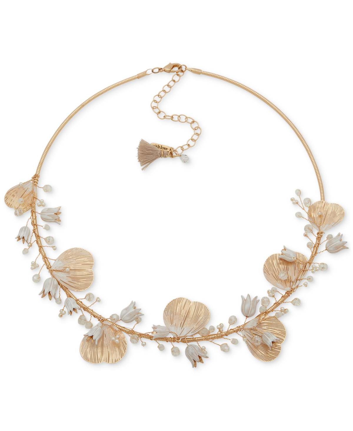 Gold-Tone Bead & Flower Statement Necklace, 16" + 3" extender - White