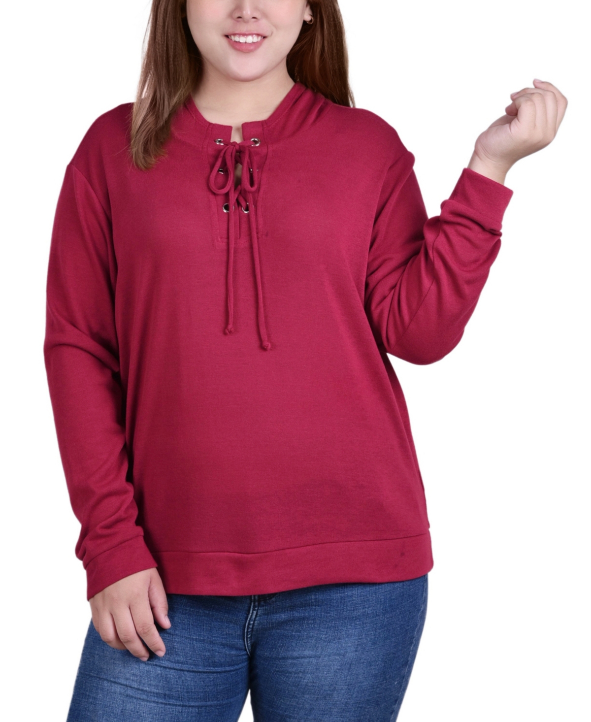 Ny Collection Plus Size Long Sleeve Criss Cross Placket Sweatshirt In Burgundy