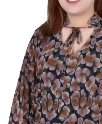 Plus Size Long Sleeve Tie Front Mesh Blouse