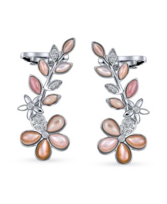 Light Pink Mop Mother Of Pearl Flower Crawler Cartilage Earrings Clip Back Rhodium Plated Brass