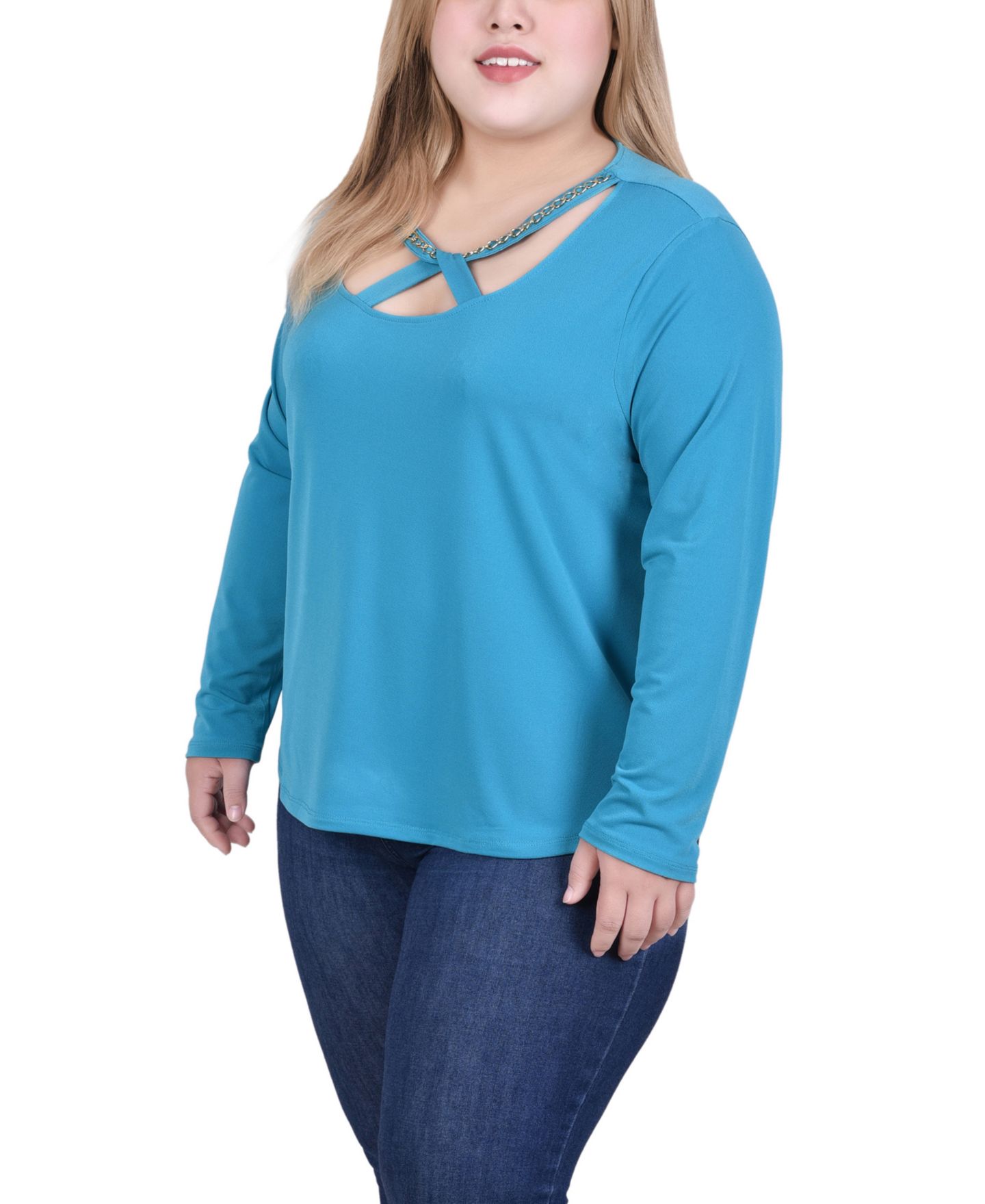 Женский топ NY Collection Plus Size Long Sleeve Jeweled Neck, цвет: Синий — фото 3