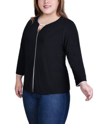 Plus Size 3/4 Sleeve Piped Top