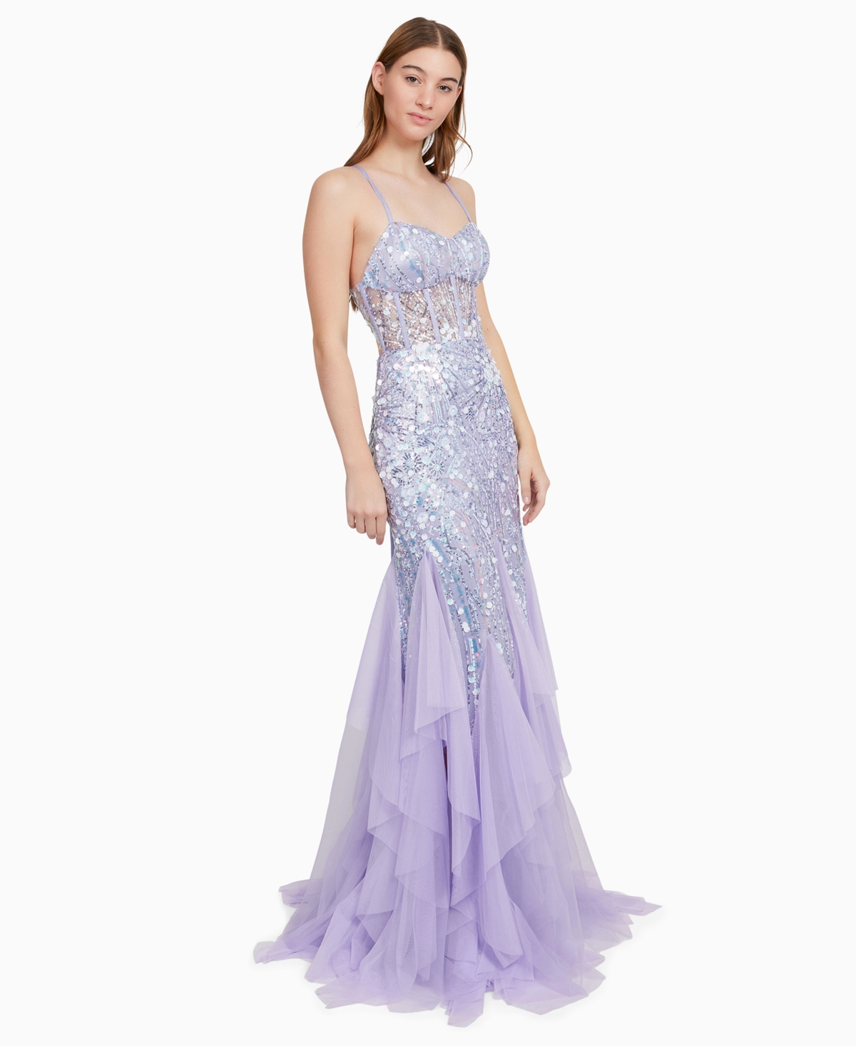 Shop Dear Moon Juniors' Sequin Embellished Ruffle Trim Sleeveless Gown In Lilac
