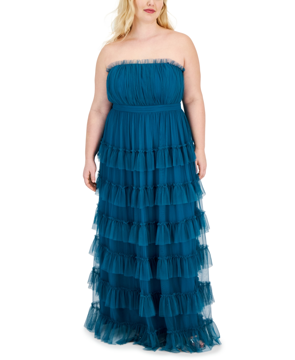City Studios Trendy Plus Size Tiered Ruffled Mesh Ball Gown In Teal