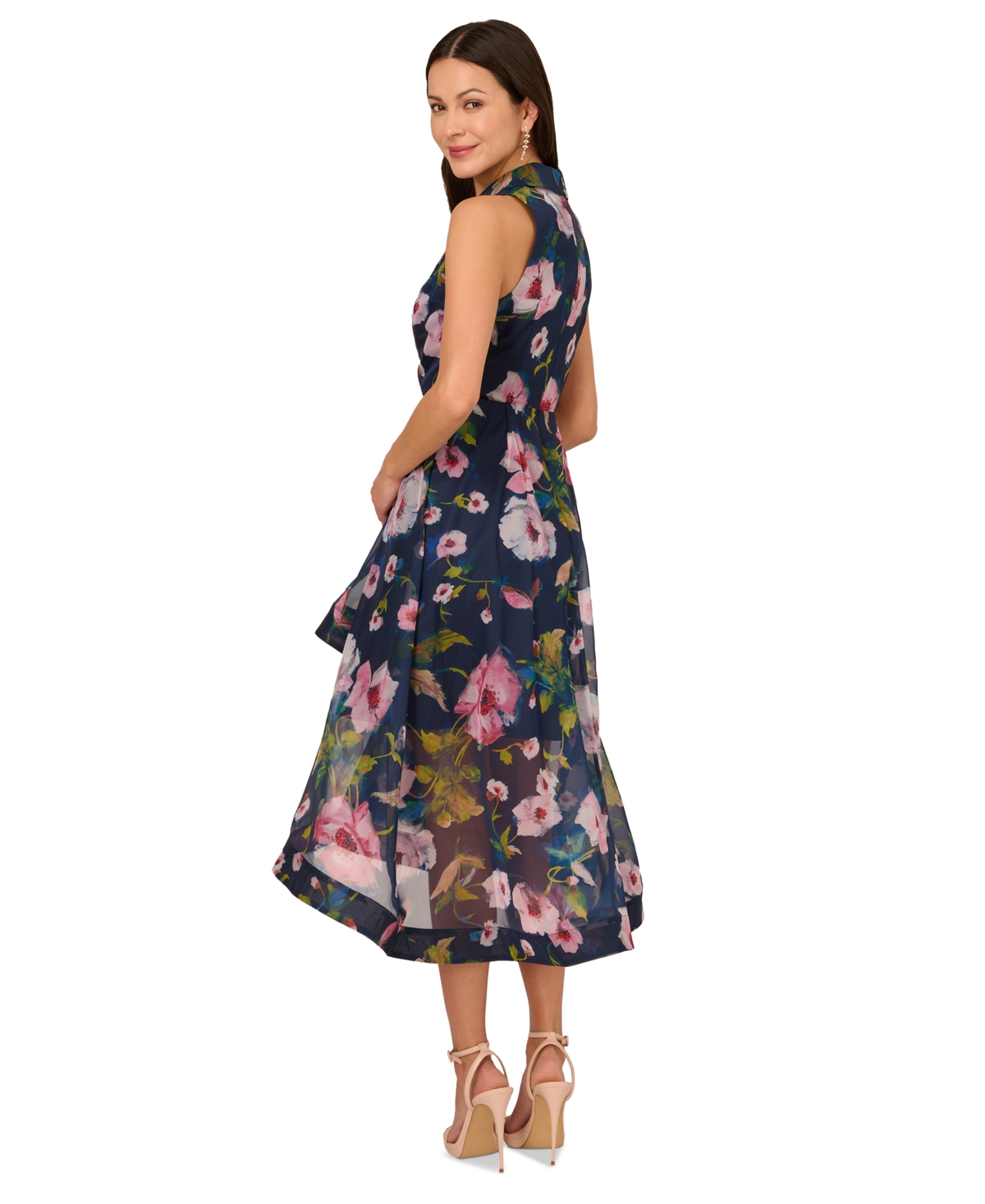 Shop Adrianna Papell Women's Floral High-low Organza Dress In Mavy Multi