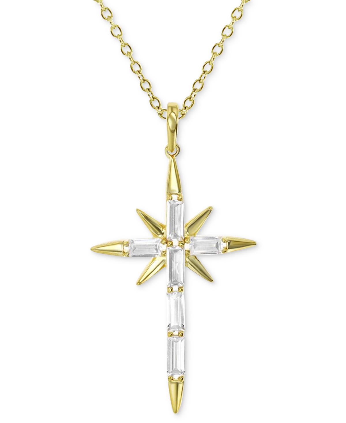 Cubic Zirconia Baguette Star Cross 18" Pendant Necklace - Gold
