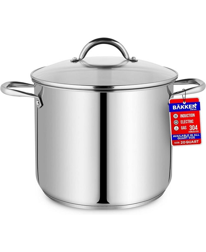 Bakken-Swiss Deluxe 20-Quart Stainless Steel Stockpot w/Tempered Glass See-Through Lid - Simmering Delicious Soups Stews & Induction Cooking - Exceptional Heat Distribution - Heavy-Duty & Food-Grade - Silver - 12