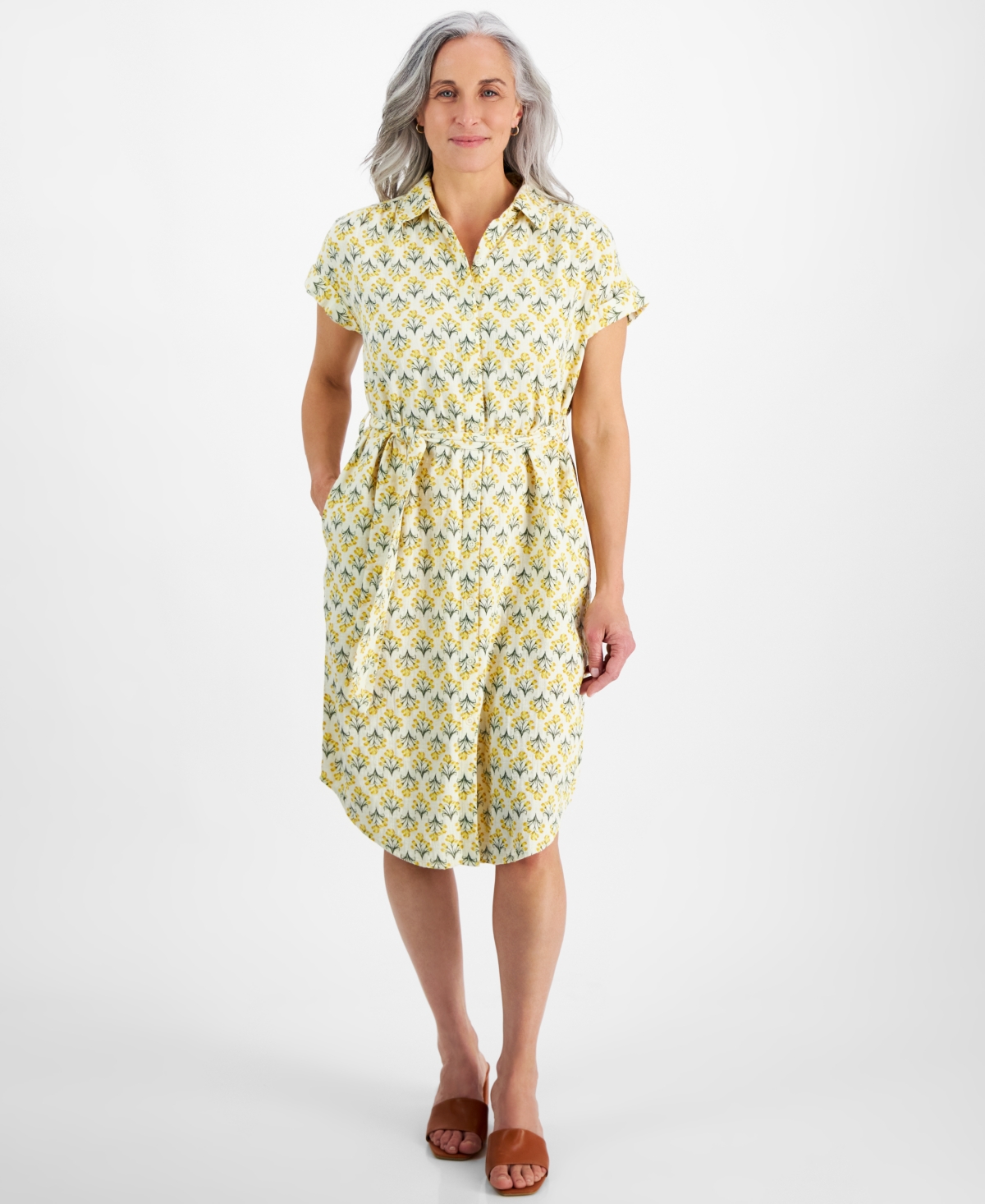 Petite Flower Bunch Camp Shirt Dress, Created for Macy's - Flower Yellow