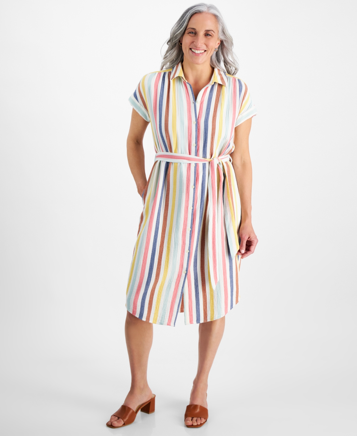 Petite Striped Cotton Camp Shirt Dress, Created for Macy's - Suzanne Stripe Multi