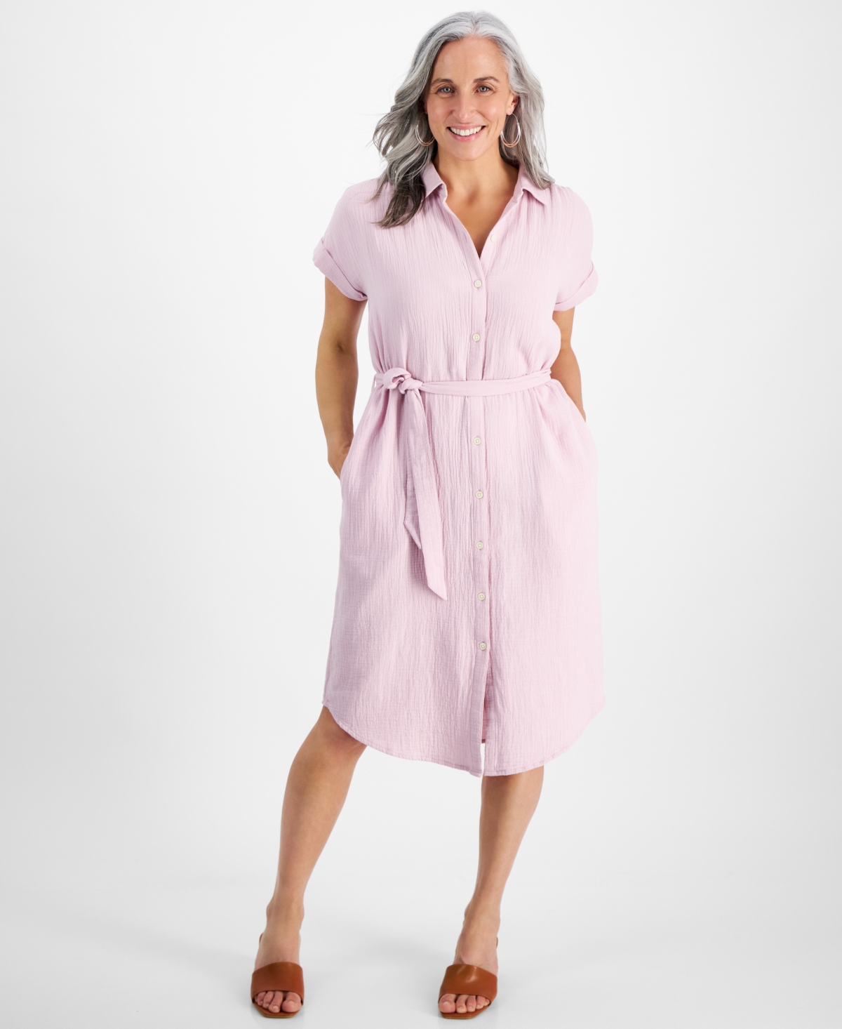 Petite Crinkled Cotton Camp Shirt Dress, Created for Macy's - Lilac Floral