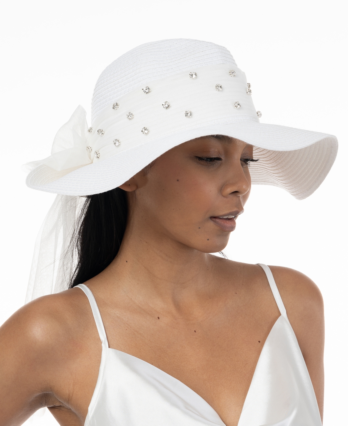 Women's Rhinestone Bow Panama Hat - White