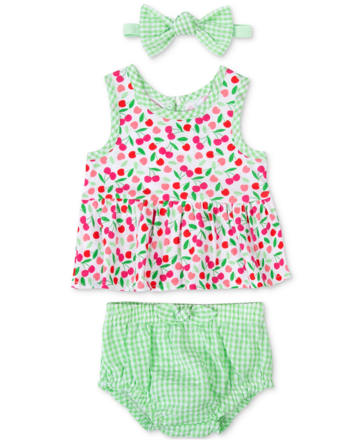 Baby Essentials Baby Girls Cherry-print Top, Bloomer And Headband, 3 Piece Set In Green