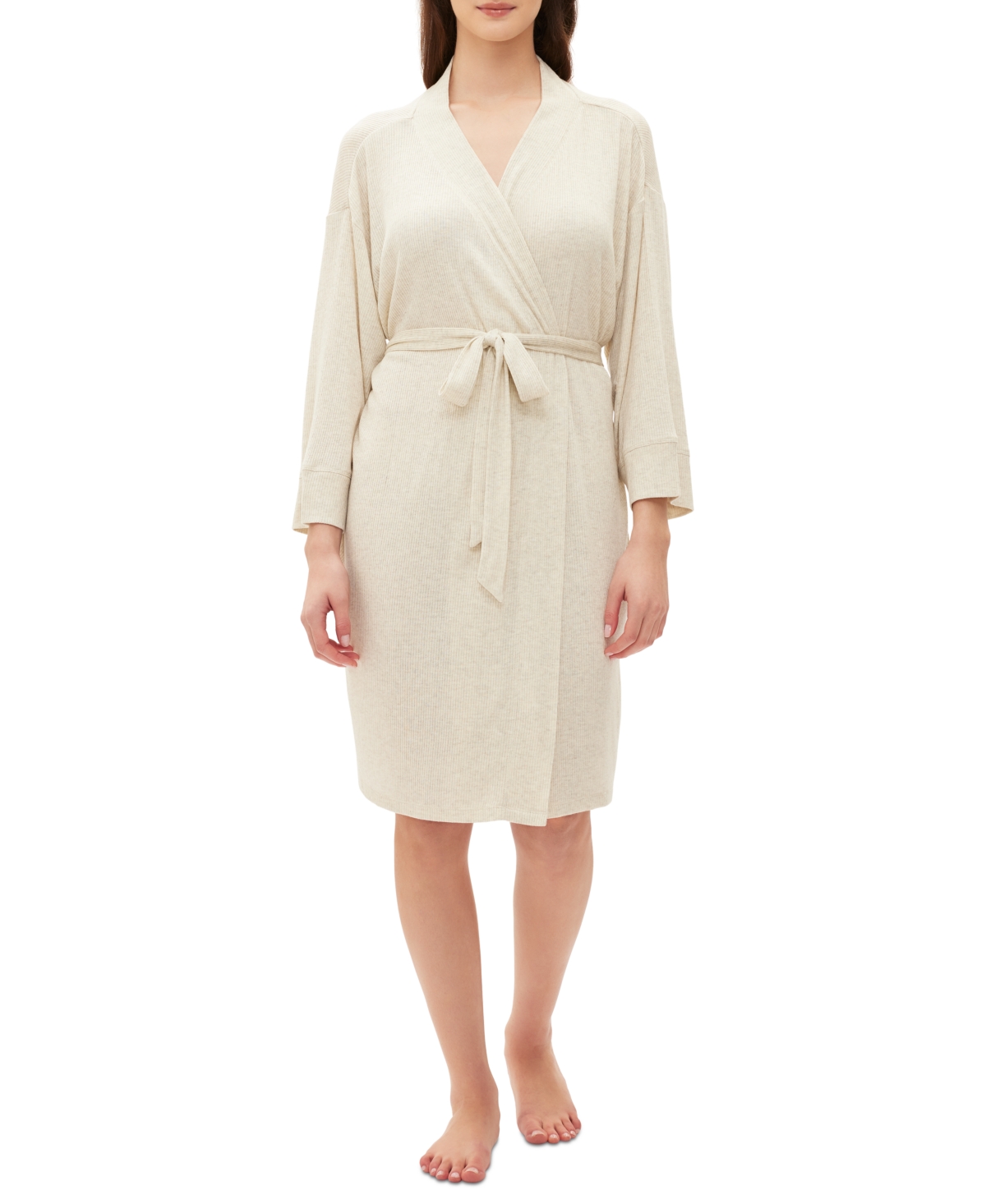 Shop Gap Body Women's Long-sleeve Ribbed Belted Robe In Oatmeal