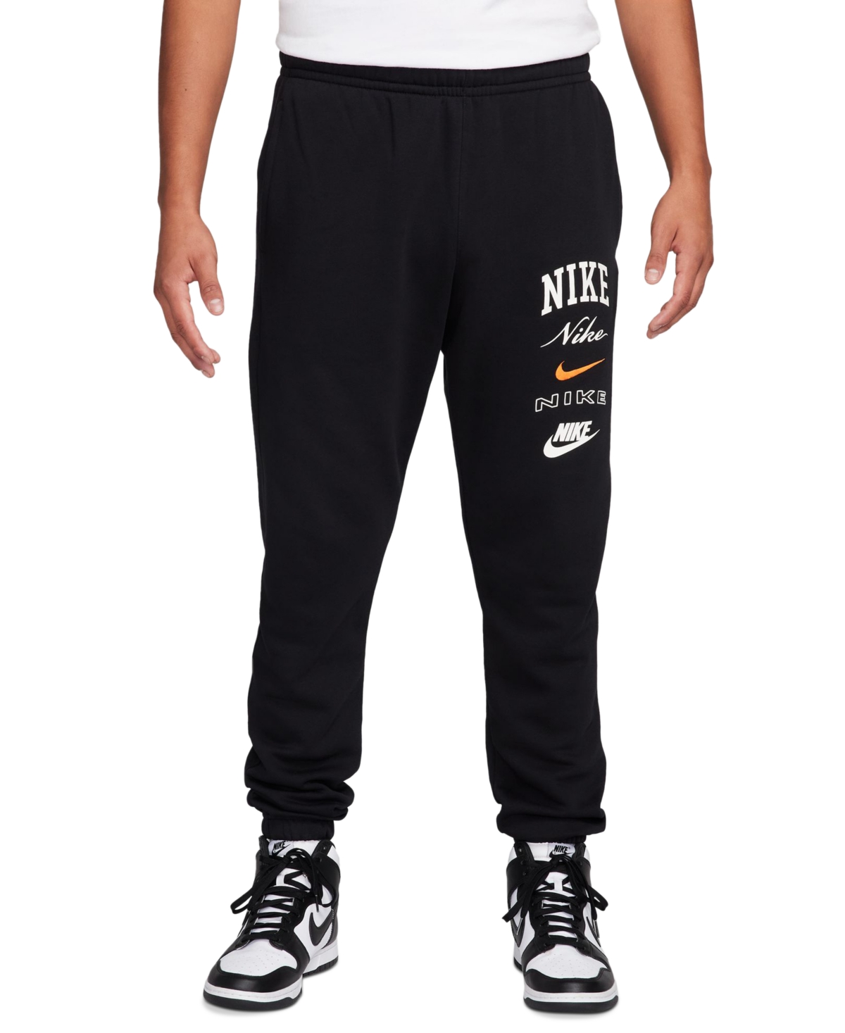 Shop Nike Men's Club Fleece Stacked Logo-print Cuffed Pants In Black,sail,safety Orange
