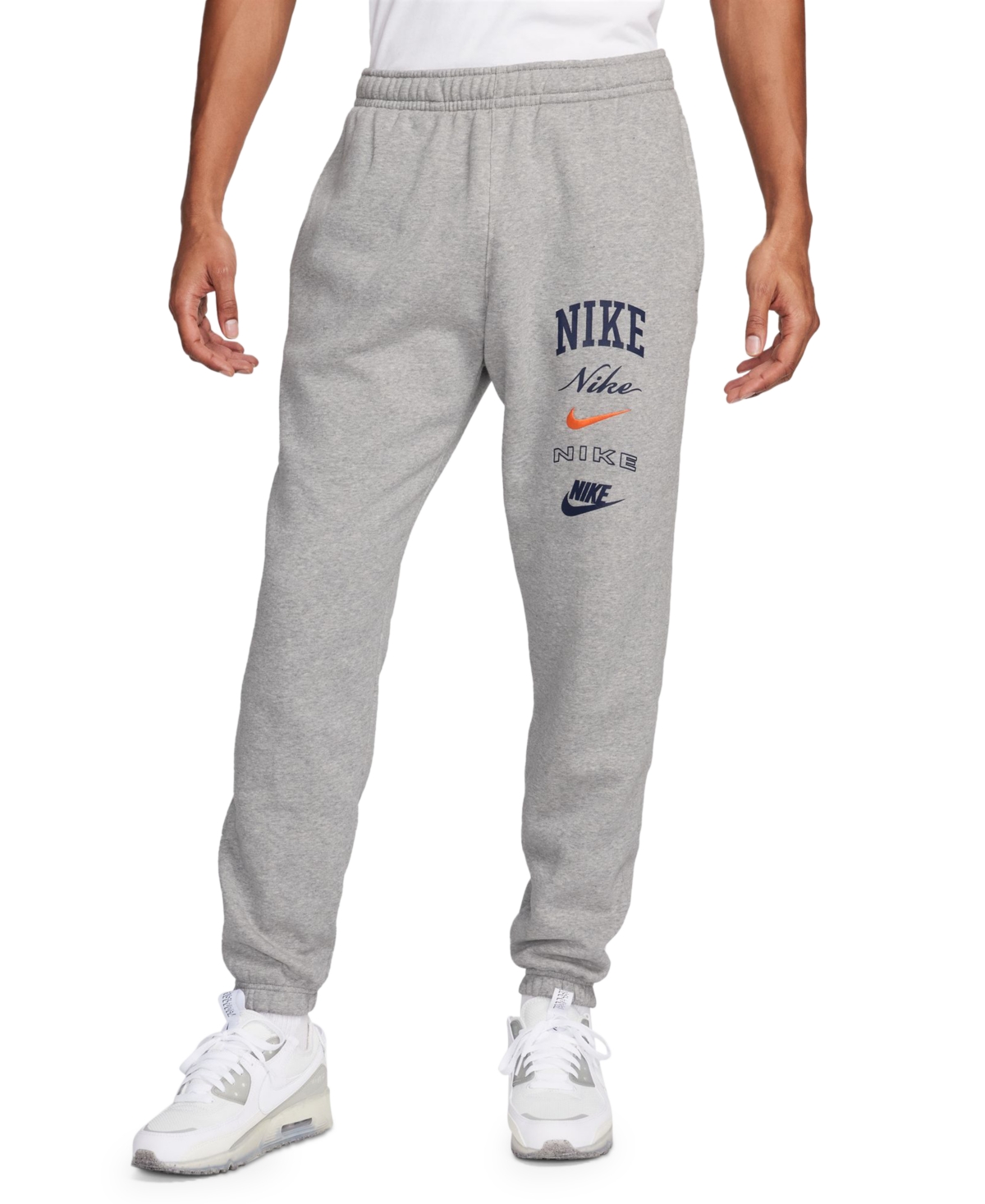 Shop Nike Men's Club Fleece Stacked Logo-print Cuffed Pants In Dk Grey Heather,safety Orange