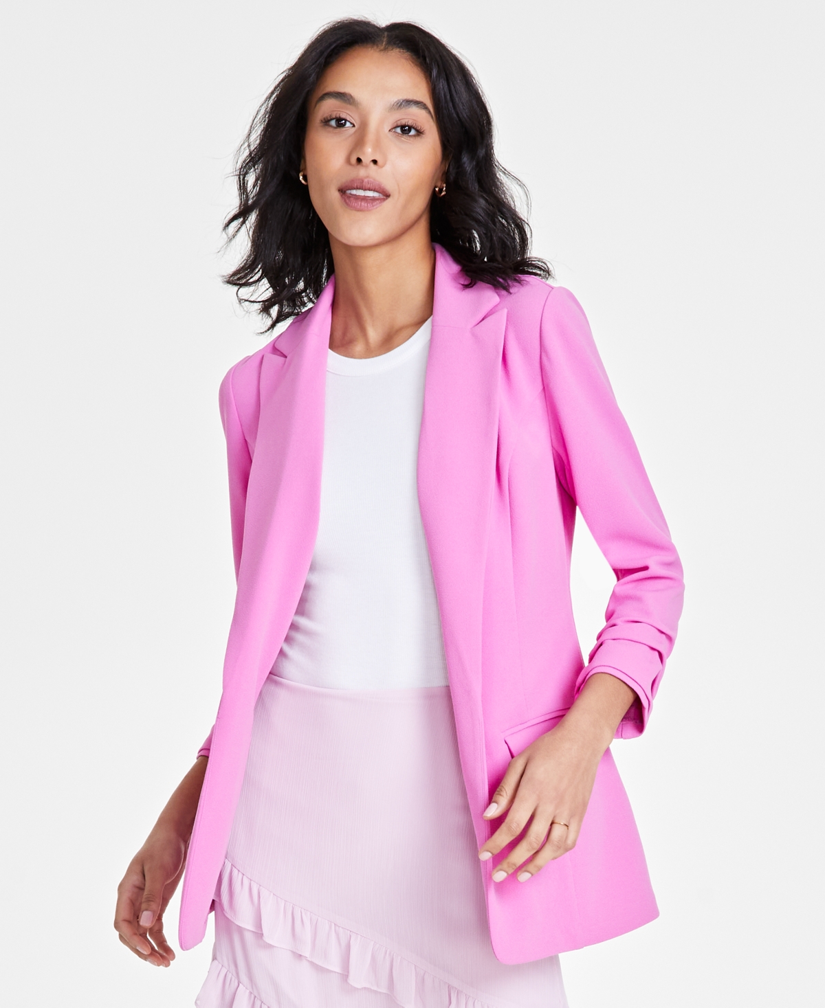 Bar Iii Women's Notch-lapel Ruched-sleeve Open-front Blazer, Created For Macy's In Wild Pink