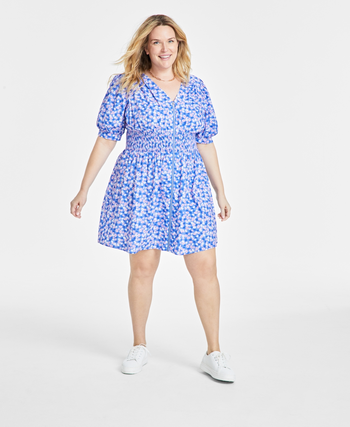 Trendy Plus Size Ditsy Floral Zip-Front Mini Dress, Created for Macy's - Regatta Combo